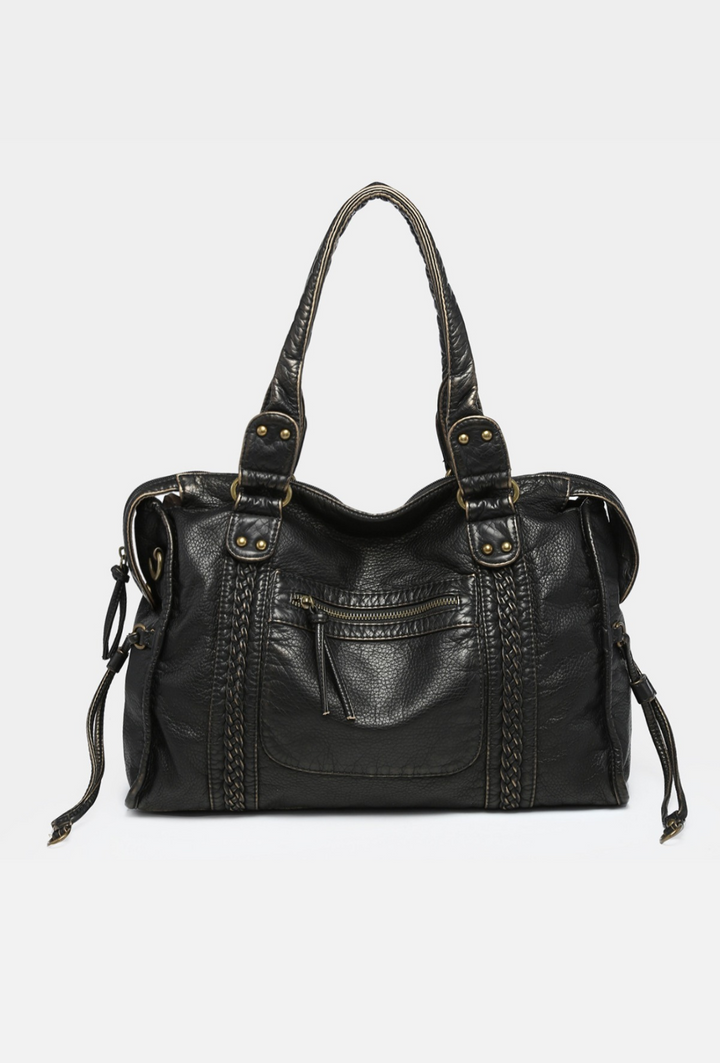 Sac à main vintage en cuir noir pour femme, élégant et chic avec bandoulière réglable.