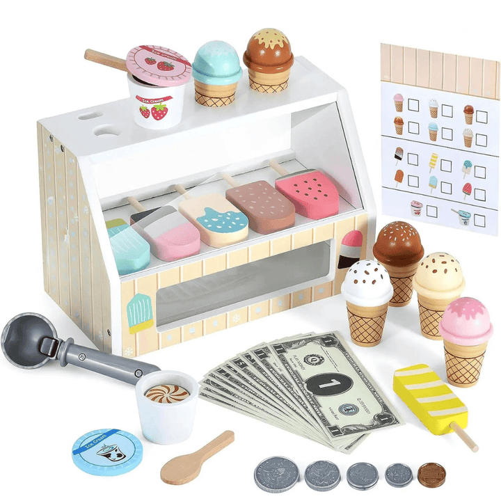 Jeu de comptoir glace en bois éducatif, parfait pour jeu de rôle et apprentissage des enfants.
