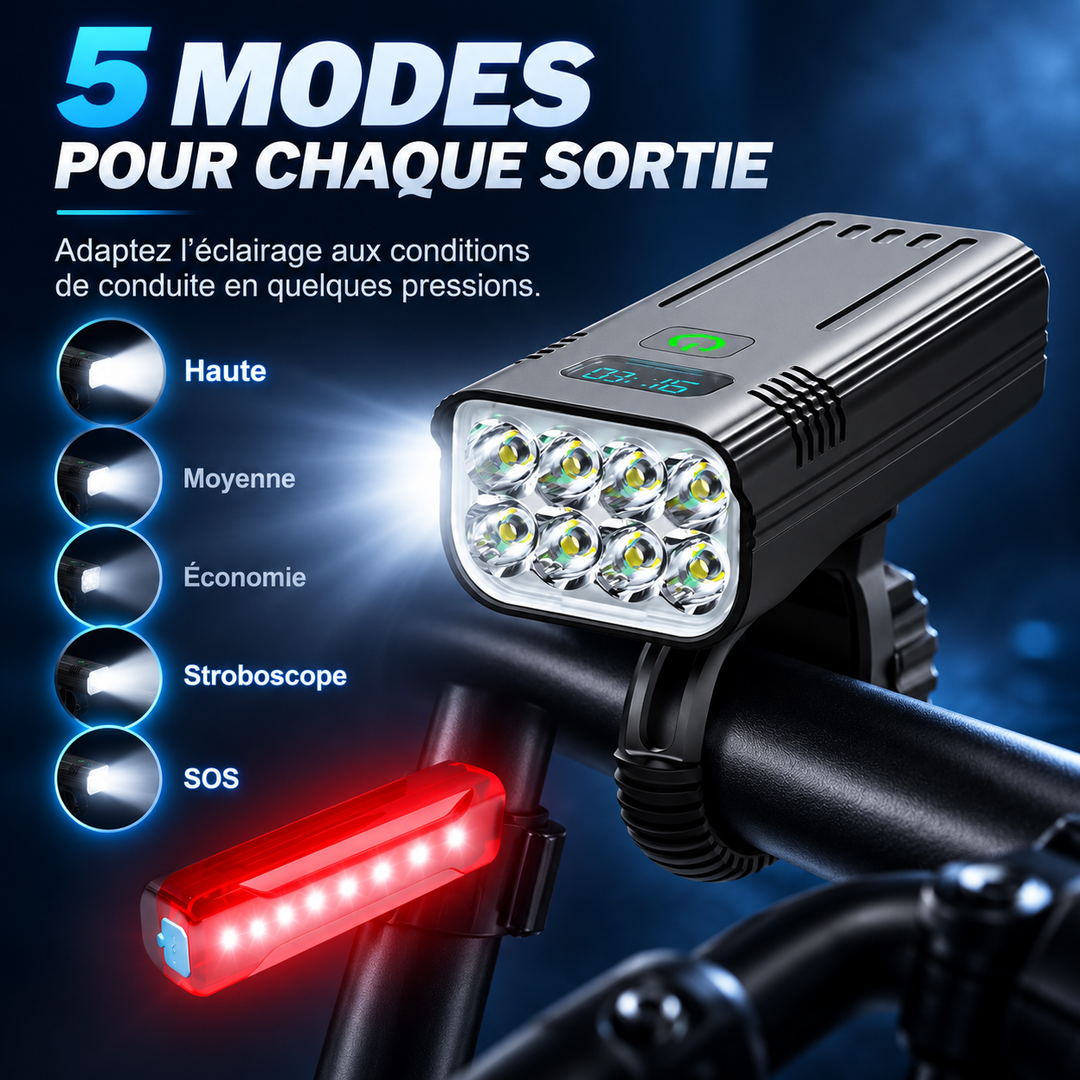 Vue détaillée du feu avant vélo LED 8000 lumens, puissant éclairage rechargeable USB pour VTT et route.