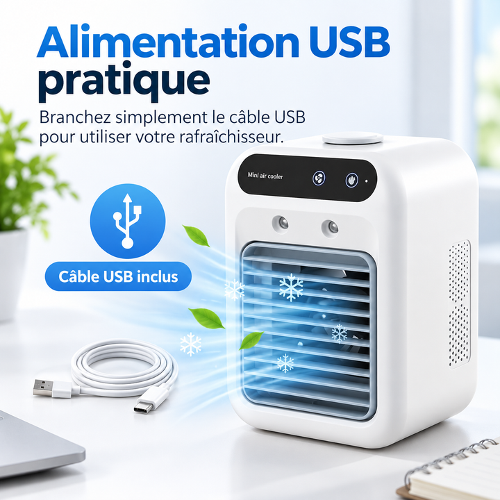 Petit rafraîchisseur d'air portable alimenté par USB, idéal pour un espace de travail personnel.