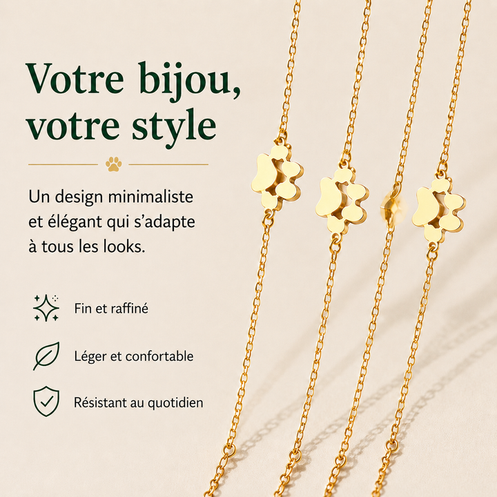 Bijou bracelet femme empreinte patte de chien en acier inoxydable, finition argentée, symbole d'amour animal.