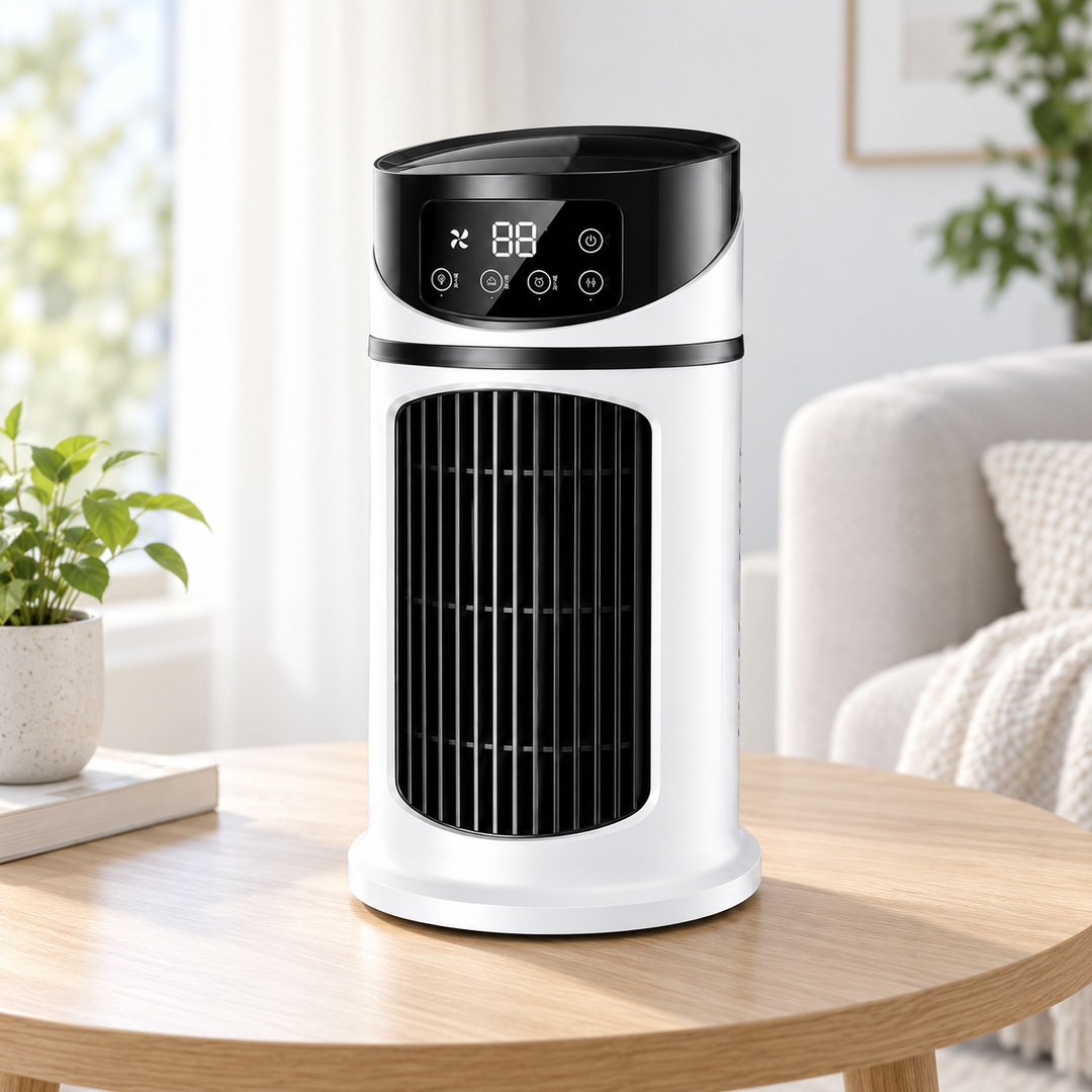 Ventilateur de bureau USB évaporatif compact, idéal pour un refroidissement personnel silencieux en été.