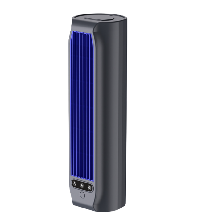Ventilateur colonne rechargeable gris, portatif et silencieux, idéal pour rafraîchir bureau ou maison.