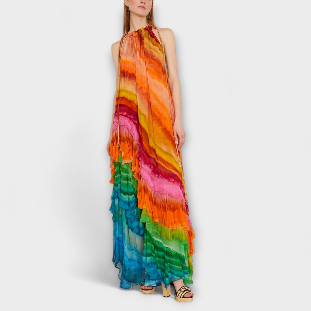 Robe longue femme élégante à volants fluide, parfaite pour soirée chic ou occasion spéciale.