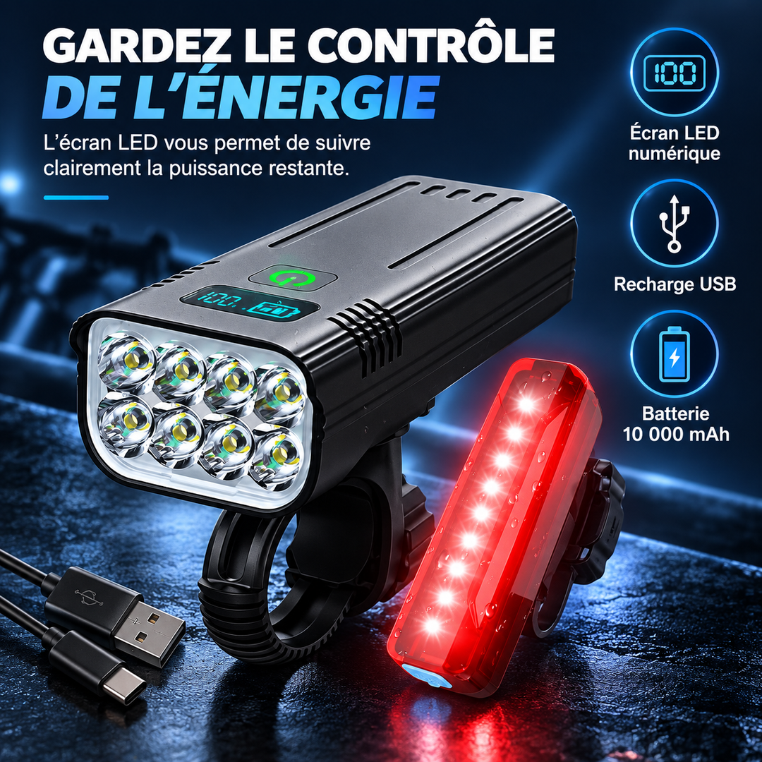 Éclairage vélo LED avant et arrière pour une sécurité maximale. Visibilité nocturne accrue, rechargeable USB VTT.