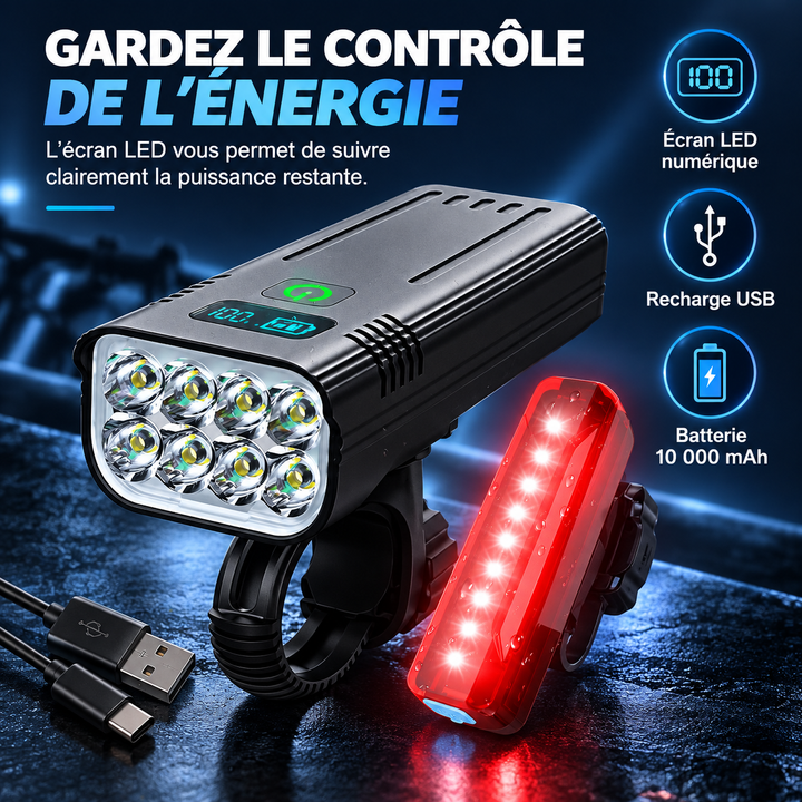 Éclairage vélo LED avant et arrière pour une sécurité maximale. Visibilité nocturne accrue, rechargeable USB VTT.