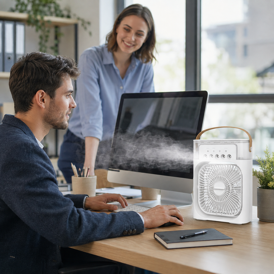 Solution fraîcheur portable: ventilateur, brumisateur et rafraîchisseur d'air LED 3-en-1.