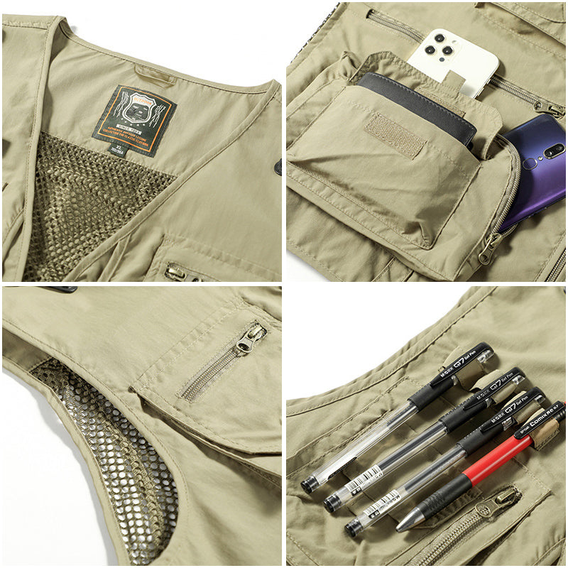 Veste sans manches homme légère, noire, multi-poches, essentielle pour camping & randonnée.