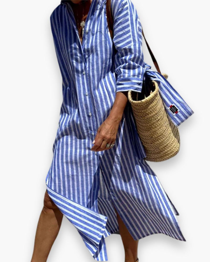 Robe maxi fluide femme à rayures verticales, style élégant et chic, parfaite pour la saison estivale.