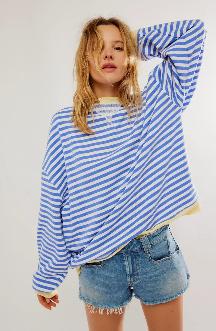 Sweat oversize rayé femme, style décontracté et confortable pour printemps/automne.