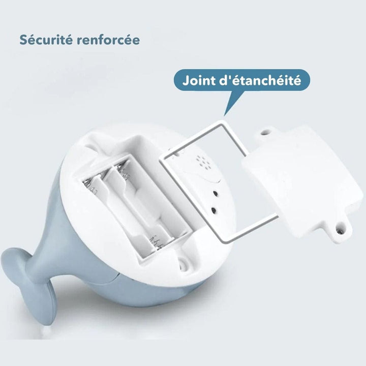 Jouet de bain aquatique baleine avec lumières LED colorées, éveille les sens de bébé et rend le bain amusant.