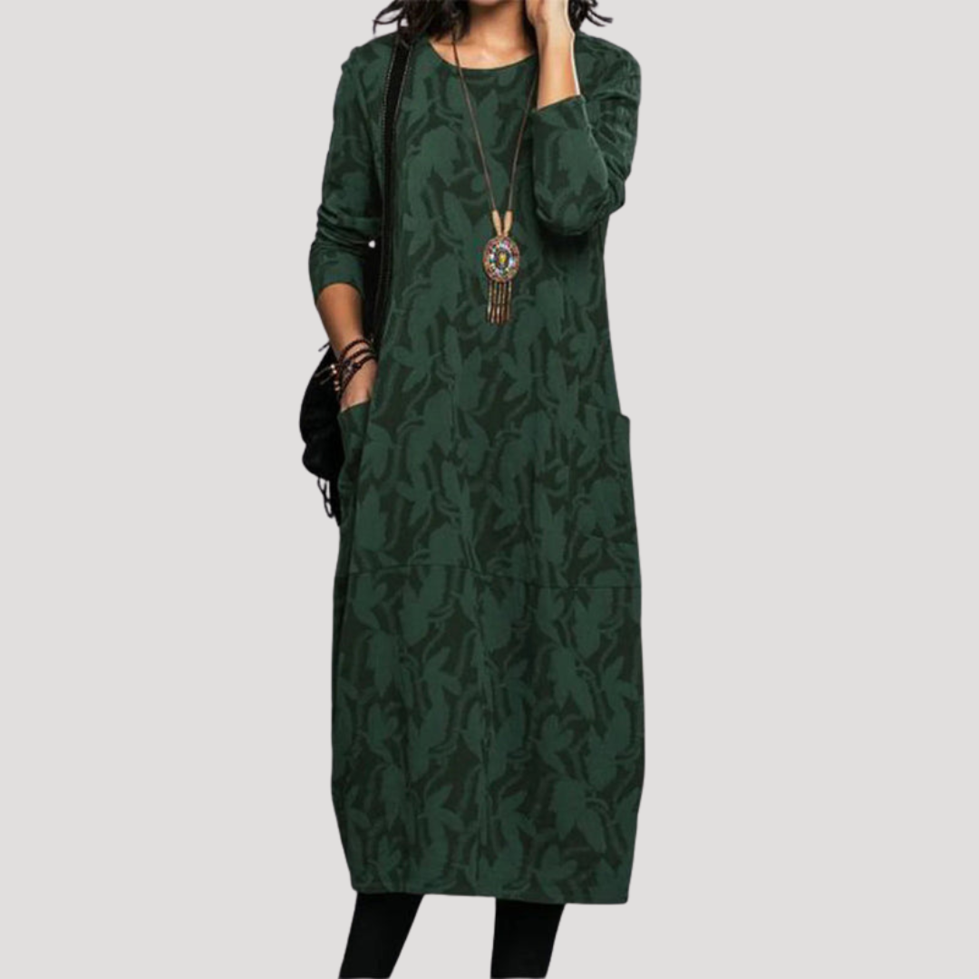 Robe midi fluide femme à motifs, manches longues, coupe ample décontractée. Idéale printemps/automne, confortable.