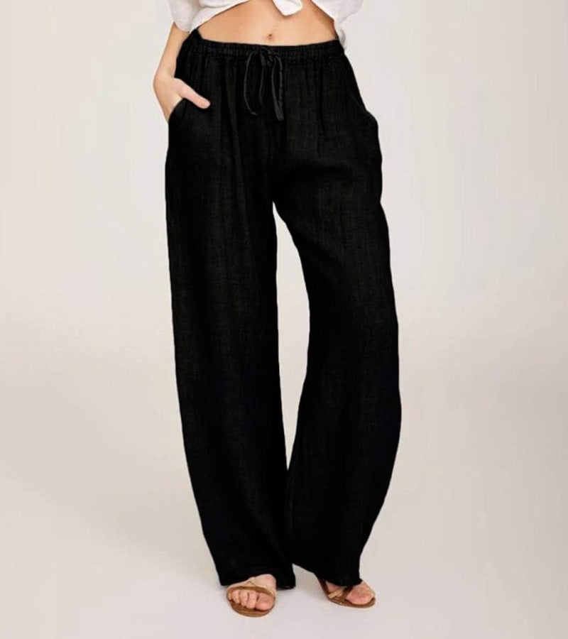 Mode femme: Pantalon en lin coupe large, taille haute, un vêtement décontracté parfait pour l'été.