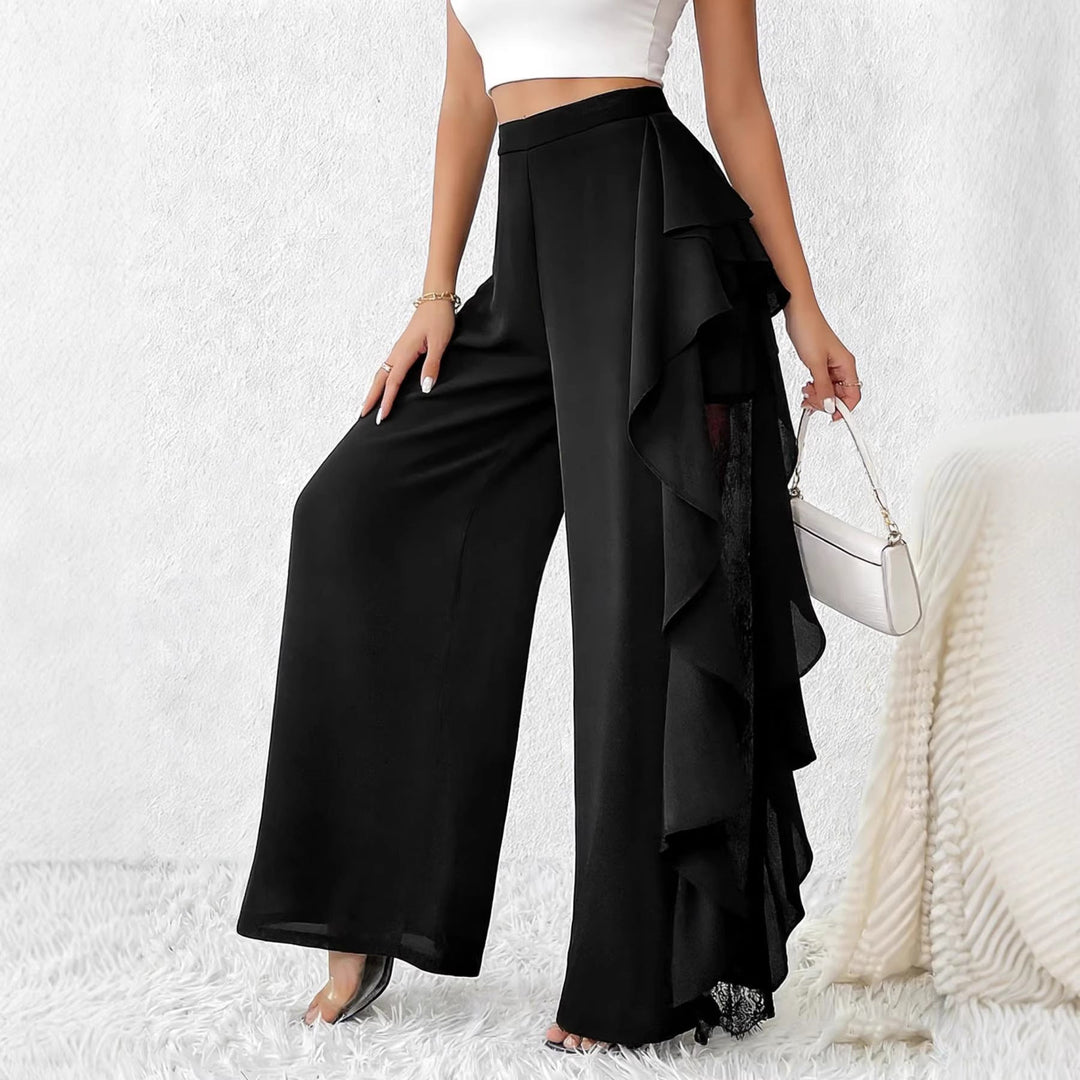 Pantalon femme taille haute jambe large, noir, élégant et moderne pour un look chic au bureau ou en soirée.