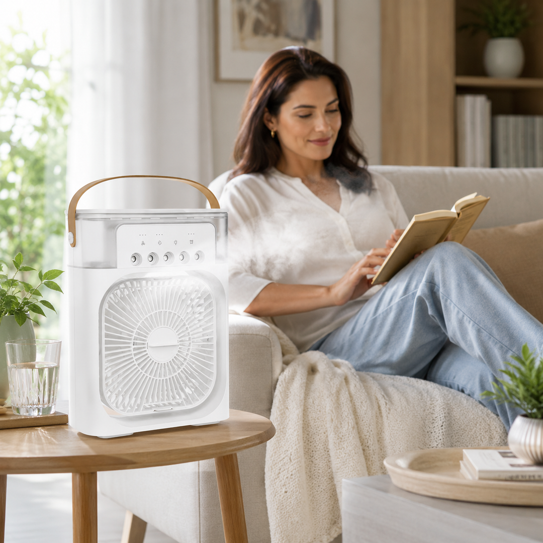 Rafraîchisseur d'air 3-en-1 USB pour maison et bureau, avec ventilateur, brumisateur et LED.