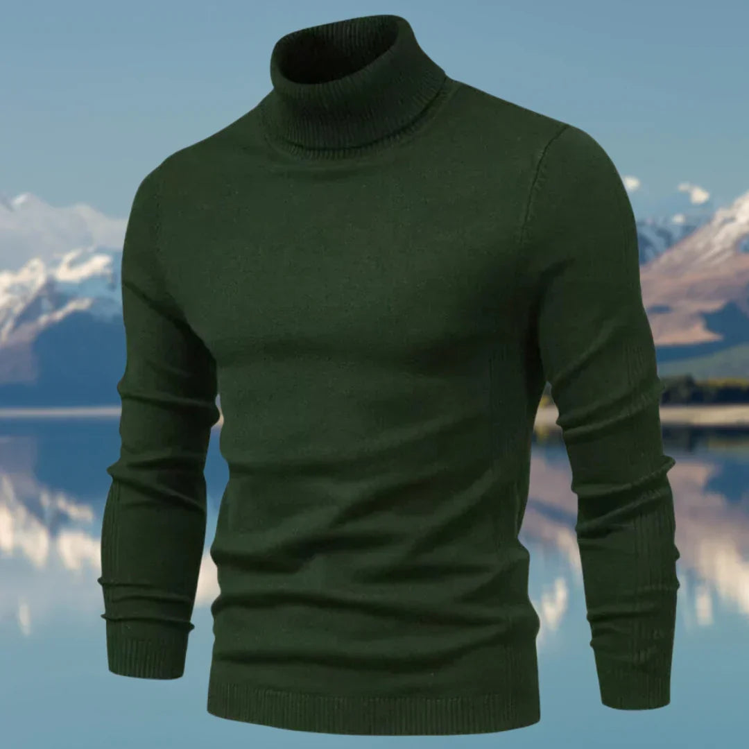 Pull homme élégant à col roulé, coupe ajustée, tissu doux pour un confort maximal en hiver.