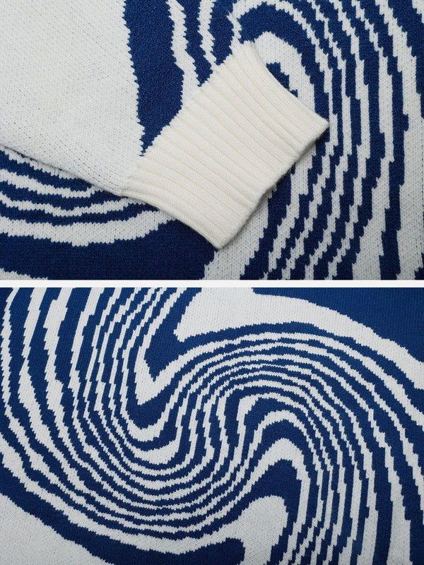 Détail du pull unisexe tricoté motif tourbillon. Maille confortable et design abstrait unique pour automne/hiver.