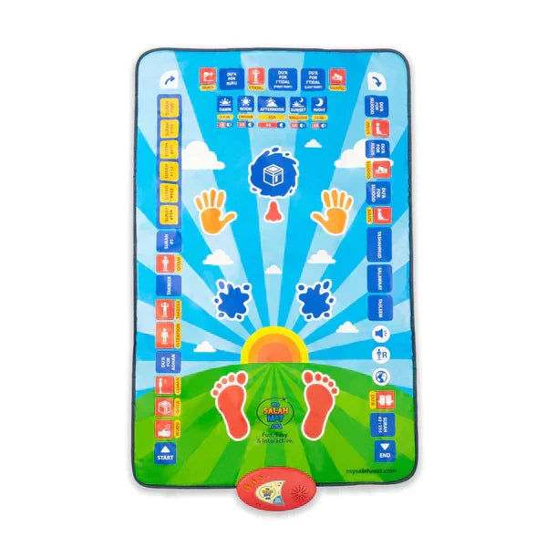 Tapis de prière éducatif interactif pour enfants, parfait pour l'apprentissage des prières musulmanes.