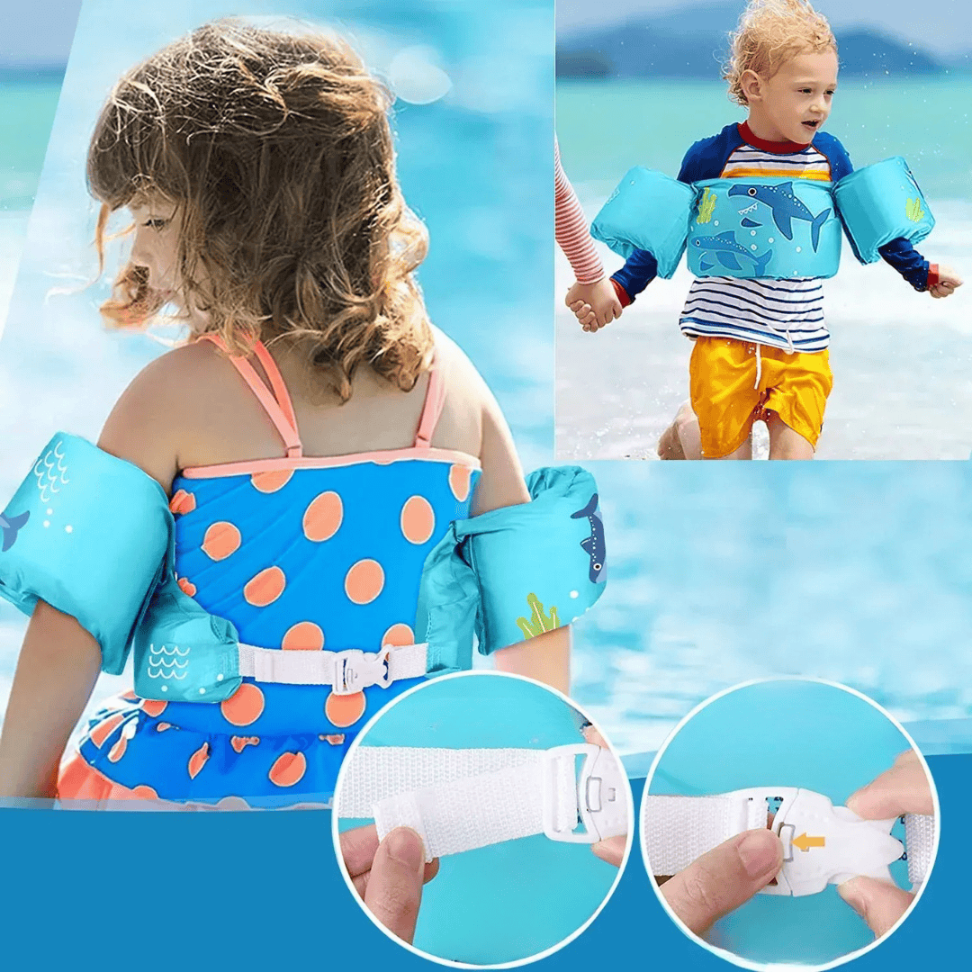 Gilet flottant enfant avec brassards intégrés pour l'apprentissage de la natation en piscine ou à la plage.