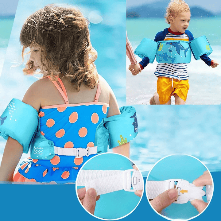Gilet flottant enfant avec brassards intégrés pour l'apprentissage de la natation en piscine ou à la plage.