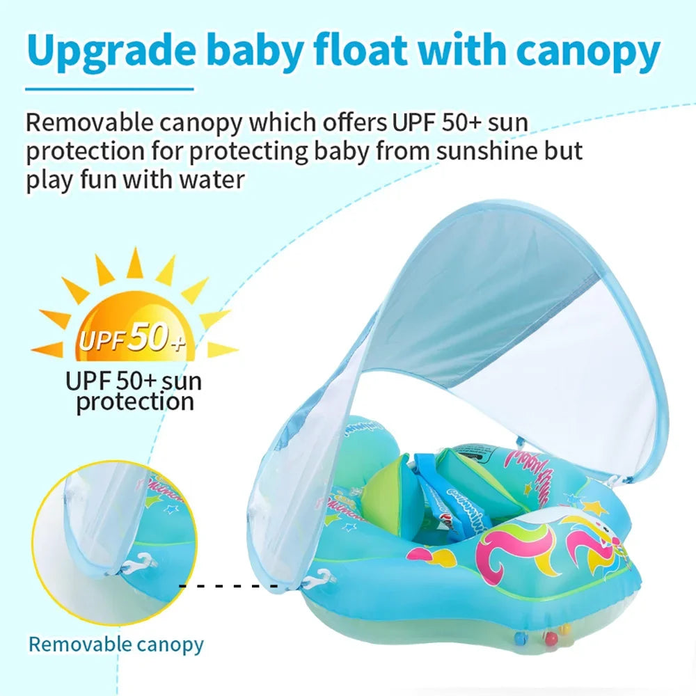 Bouée bébé avec pare-soleil amovible, idéale pour la piscine. Conception sécurisée pour un confort maximum et une baignade sereine.