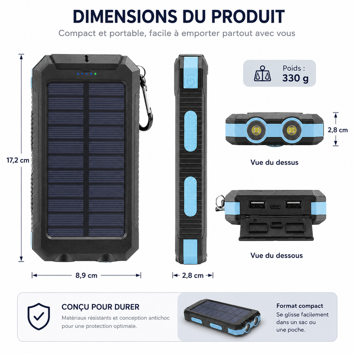 Lampe LED puissante intégrée au chargeur solaire étanche. Power bank portable ultra-capacité double USB.