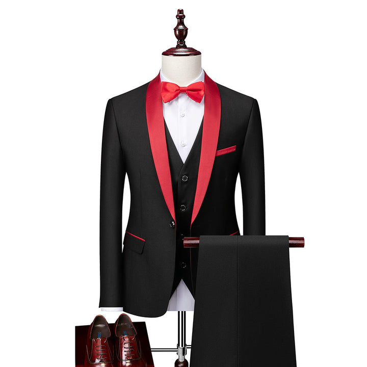 Costume homme slim fit rouge tendance 3 pièces, comprenant veste, pantalon et gilet, pour une allure distinguée.