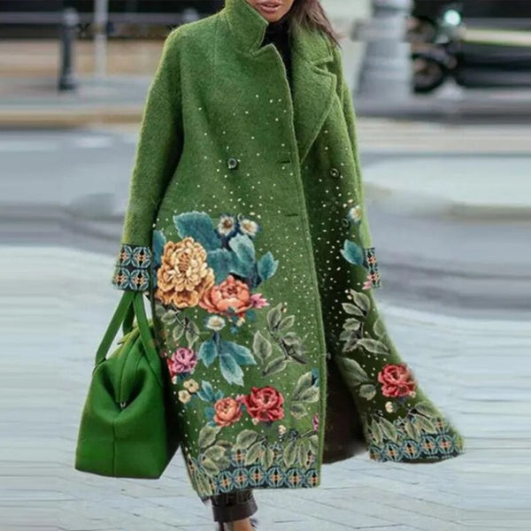 Veste longue femme Inaya chic à motif floral raffiné. Parfaite pour la mode hiver et printemps.