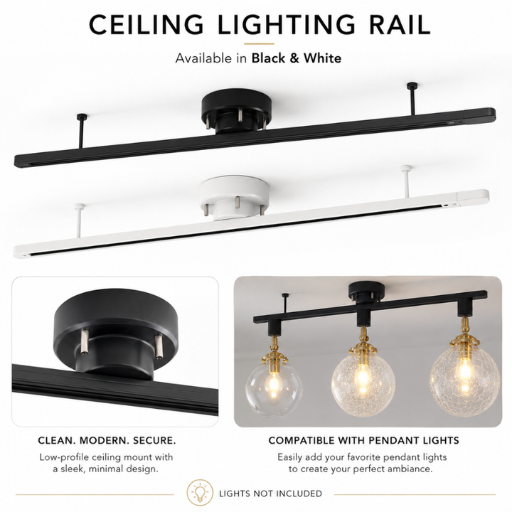 Rail lumineux design pour salon, solution éclairage suspendu et spots réglables, moderne.