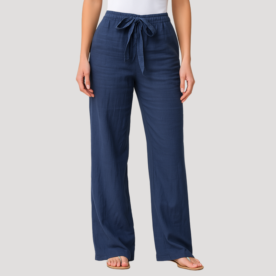 Pantalon femme en lin léger, coupe fluide, taille élastique. Idéal été et confort.