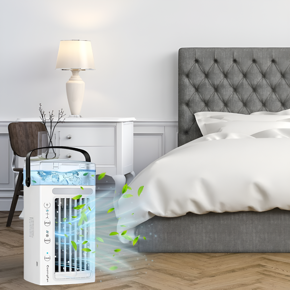 Climatiseur portable personnel compact pour un rafraîchissement instantané à la maison ou au bureau.