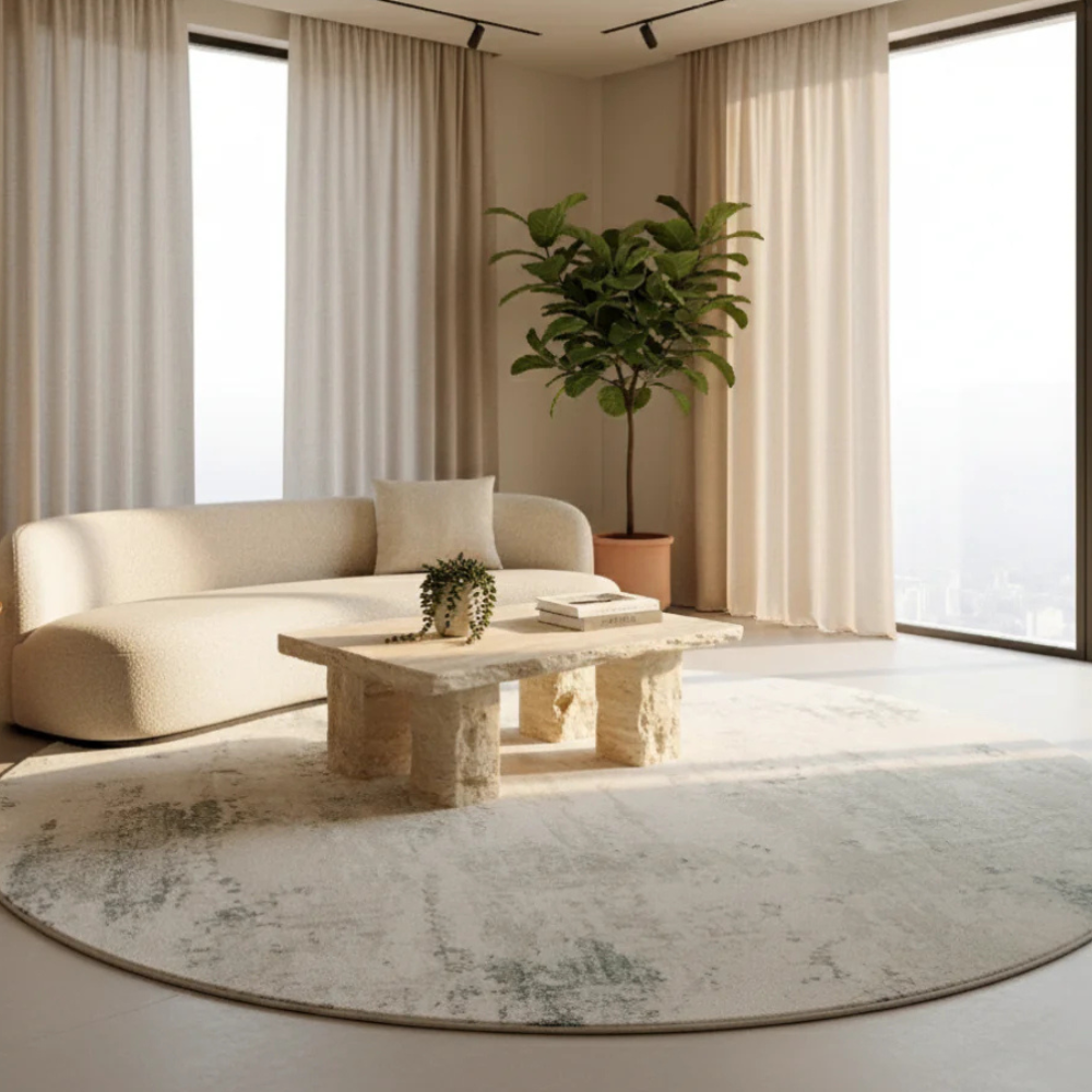 Tapis de salon italien rond en peluche, grand confort, parfait pour une maison moderne et luxueuse.