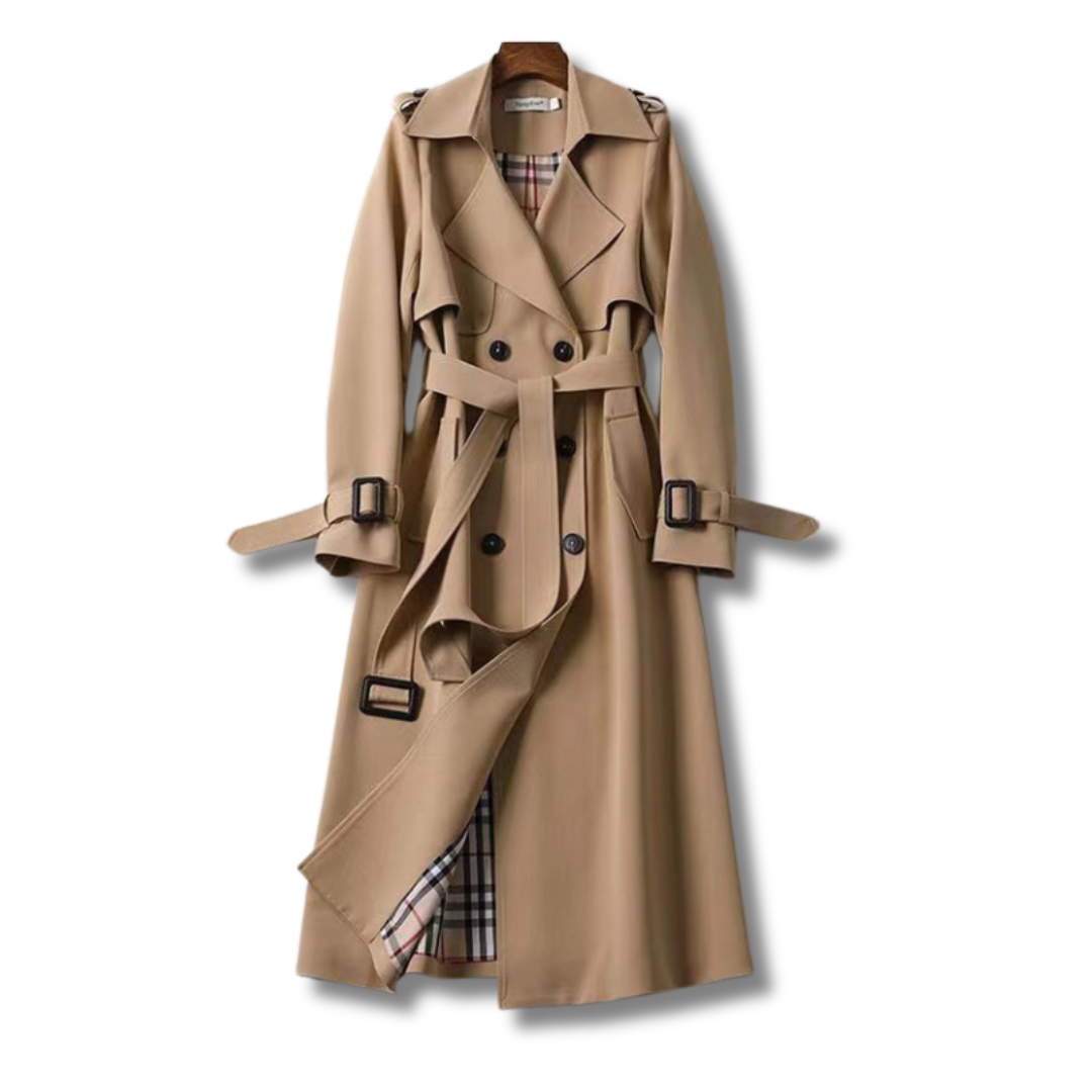 Trench-coat classique élégant pour femme, idéal printemps/automne, couleur neutre, coupe-vent.