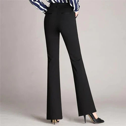 Pantalon évasé noir taille haute Mila pour femme, confortable et élégant, parfait pour la mode chic.
