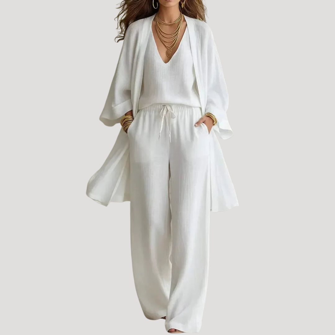 Ensemble bohème femme fluide et élégant 3 pièces : blouse, pantalon large, veste légère. Parfait pour l'été.