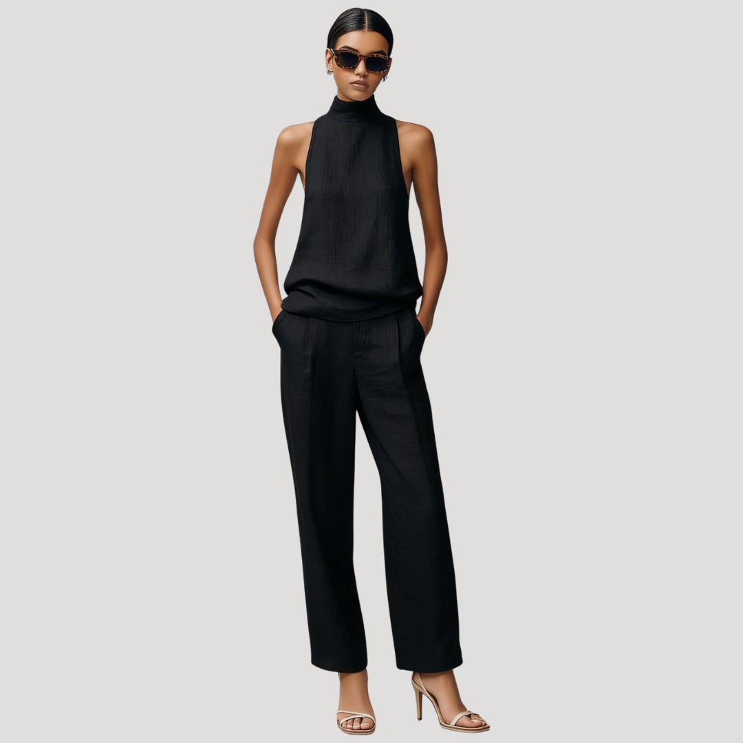 Ensemble femme élégant: top sans manches chic et pantalon droit polyvalent. Idéal pour bureau ou look décontracté tendance.