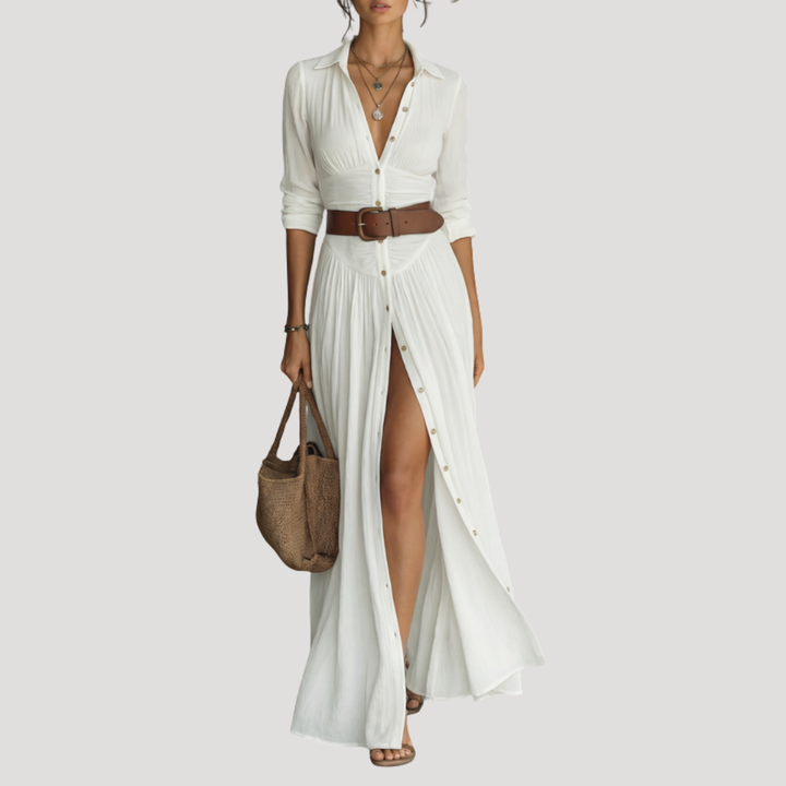 Robe chemise longue boutonnée femme, élégance quotidienne. Style décontracté chic pour mode féminine.