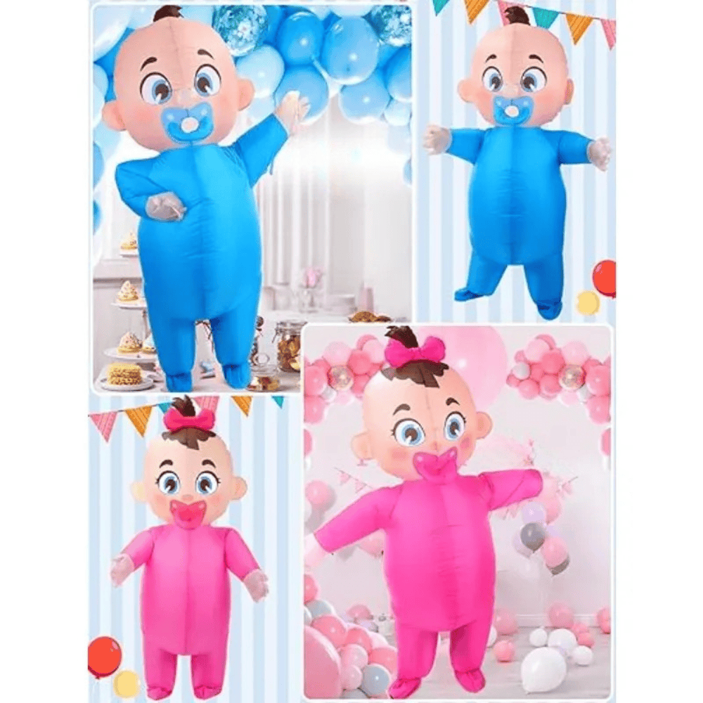 Déguisement gonflable géant bébé fille ou garçon pour adulte. Humour garanti pour toute fête costumée.