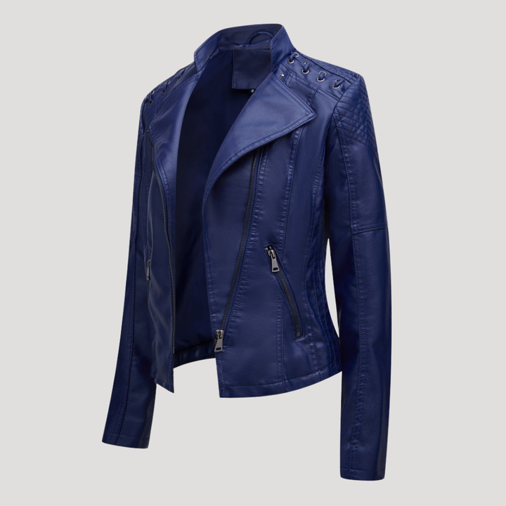 Veste biker femme noire ajustée, style affirmé et élégance moderne pour un look motard chic quotidien.