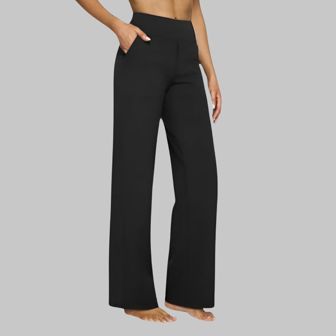Pantalon slim stretch femme, taille haute, offrant confort et élégance intemporelle.