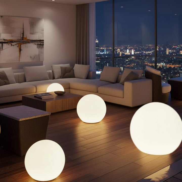 Sphère lumineuse LED RGB avec options de recharge USB/solaire, offrant 16 couleurs pour chaque occasion.