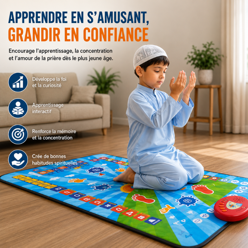 Tapis de prière éducatif interactif, rend l'apprentissage de la prière pour enfant simple, ludique et amusant.
