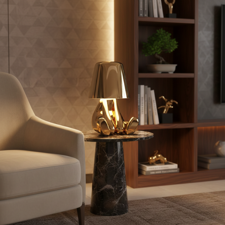 Lampe de table Le Penseur dorée sans fil, éclairage LED moderne pour bureau et salon.