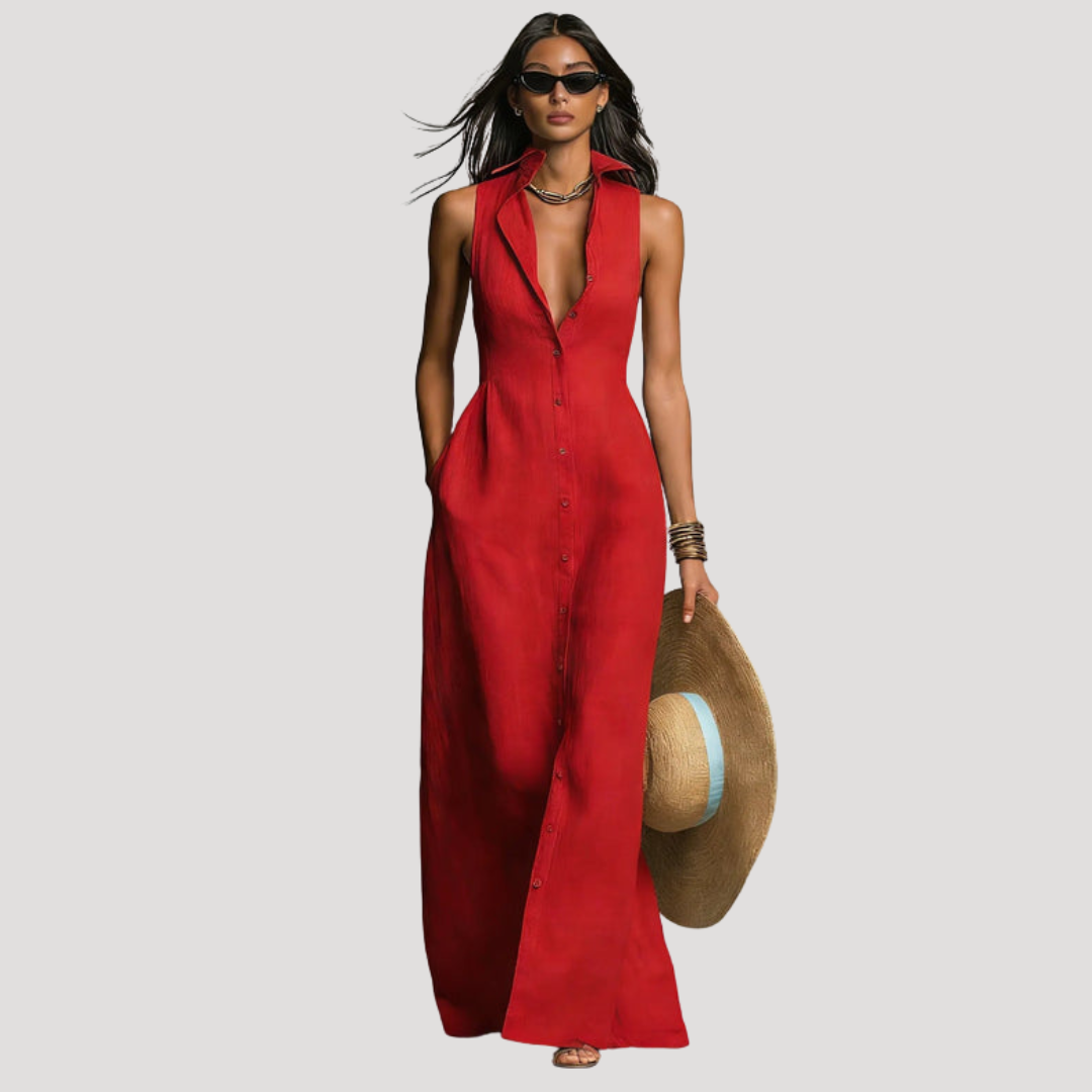 Robe longue femme boutonnée élégante et cintrée, idéale pour l'été. Style décontracté chic, sans manches.