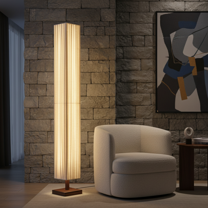 Lampe sur pied japonaise moderne, éclairage LED doux, ambiance zen chaleureuse pour salon.