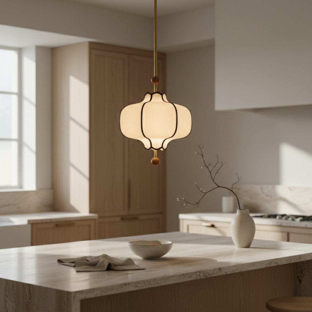 Suspension Lanora en tissu festonné et noyer. Éclairage d'ambiance design moderne.