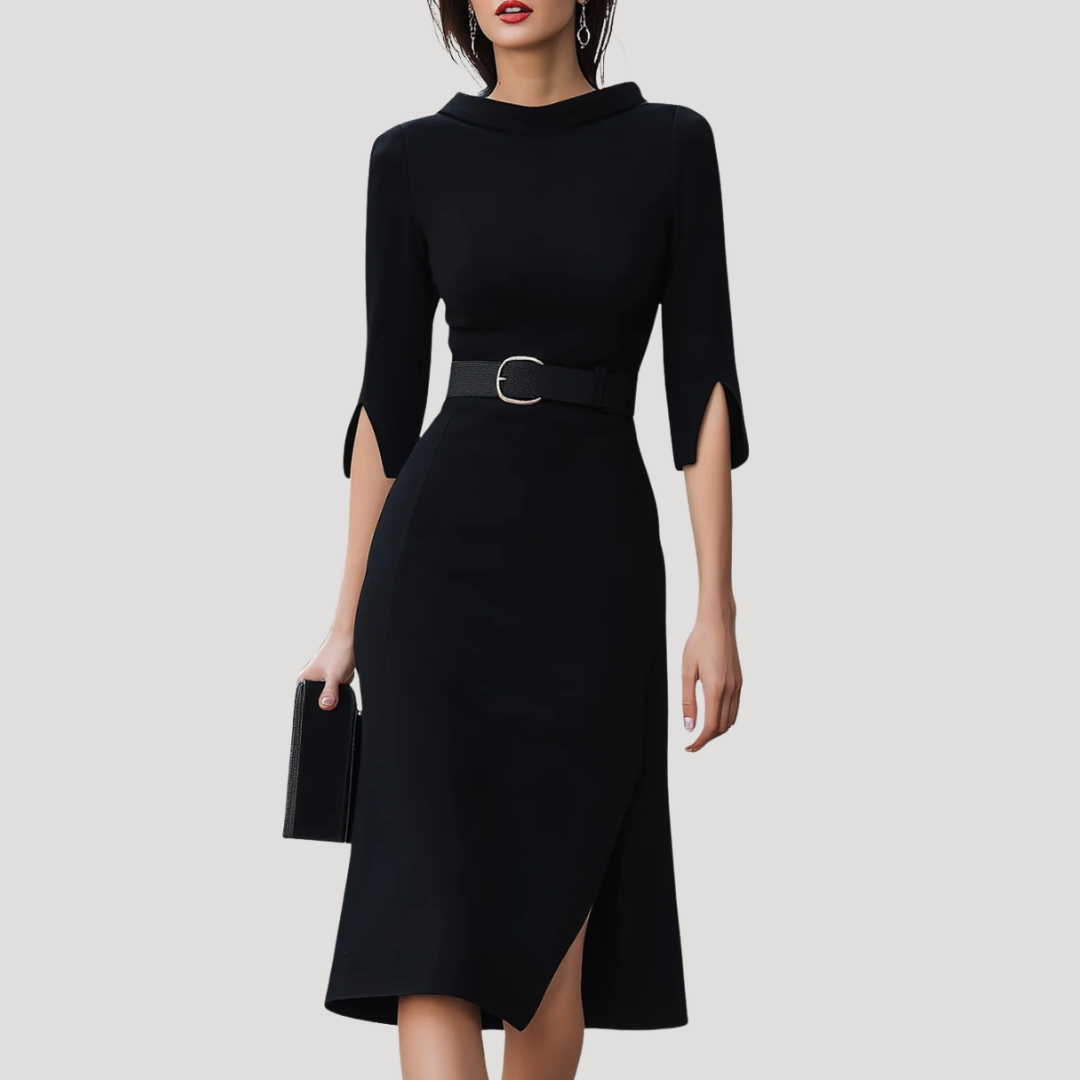 Robe midi noire cintrée élégante pour femme, parfaite pour une soirée chic d'automne.
