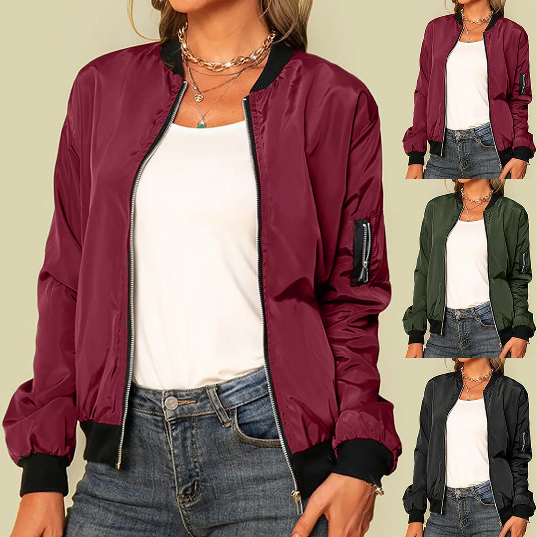 Blouson bomber femme léger à fermeture éclair. Idéal pour un style chic et décontracté printemps-été.