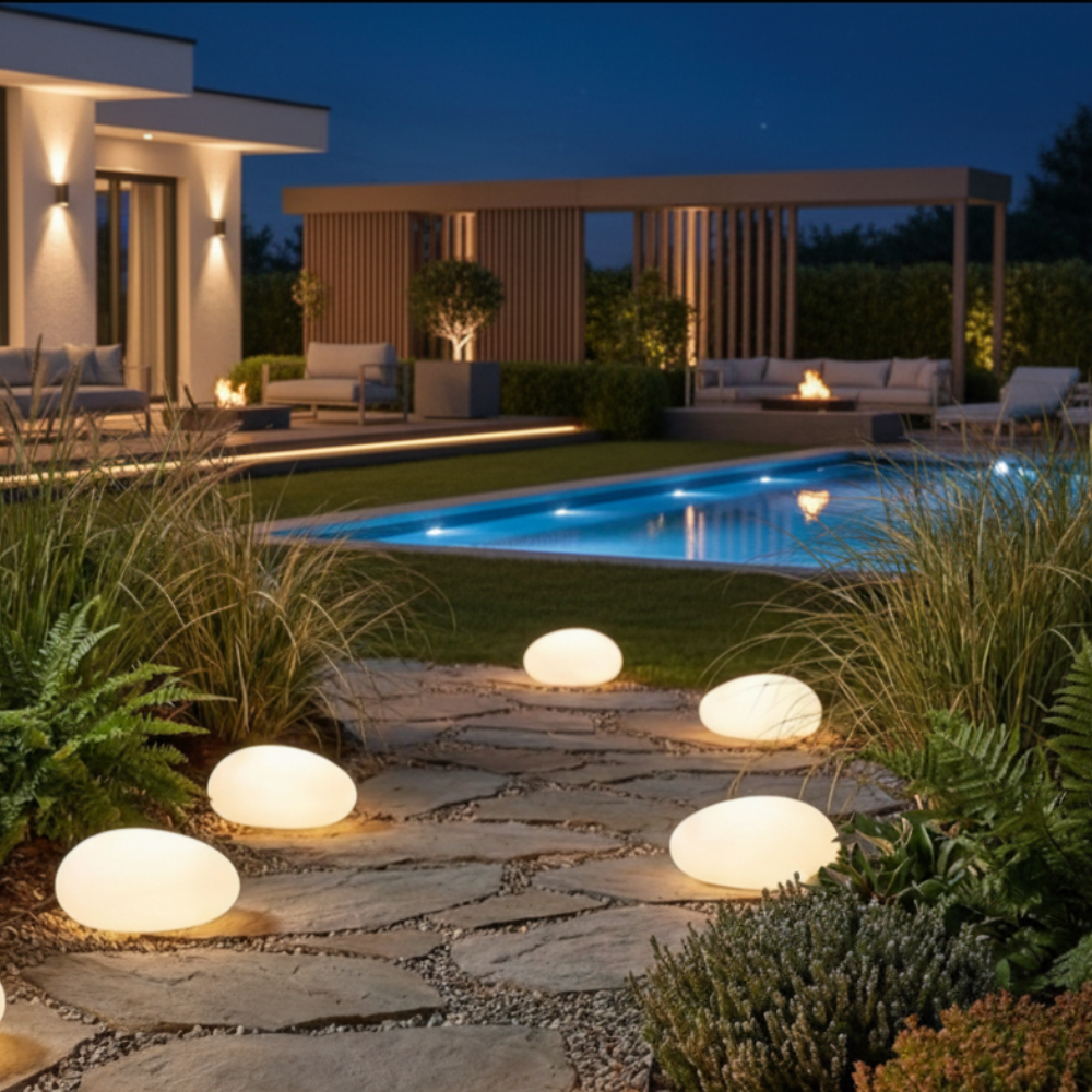 Éclairage de chemin de jardin solaire LED, design galet étanche et lumière automatique.