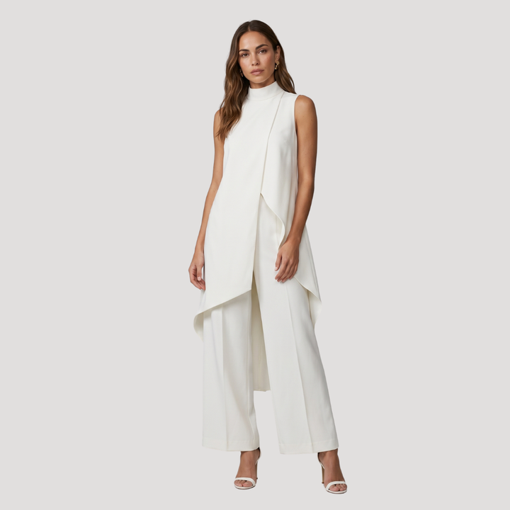 Ensemble femme élégant avec haut asymétrique long et pantalon large fluide. Tenue chic et moderne.